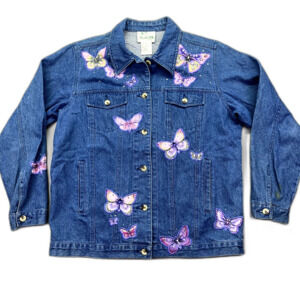 The Quaker Factory Rhinestone Butterfly‎ Embellished Denim Trucker Jacket Sz S